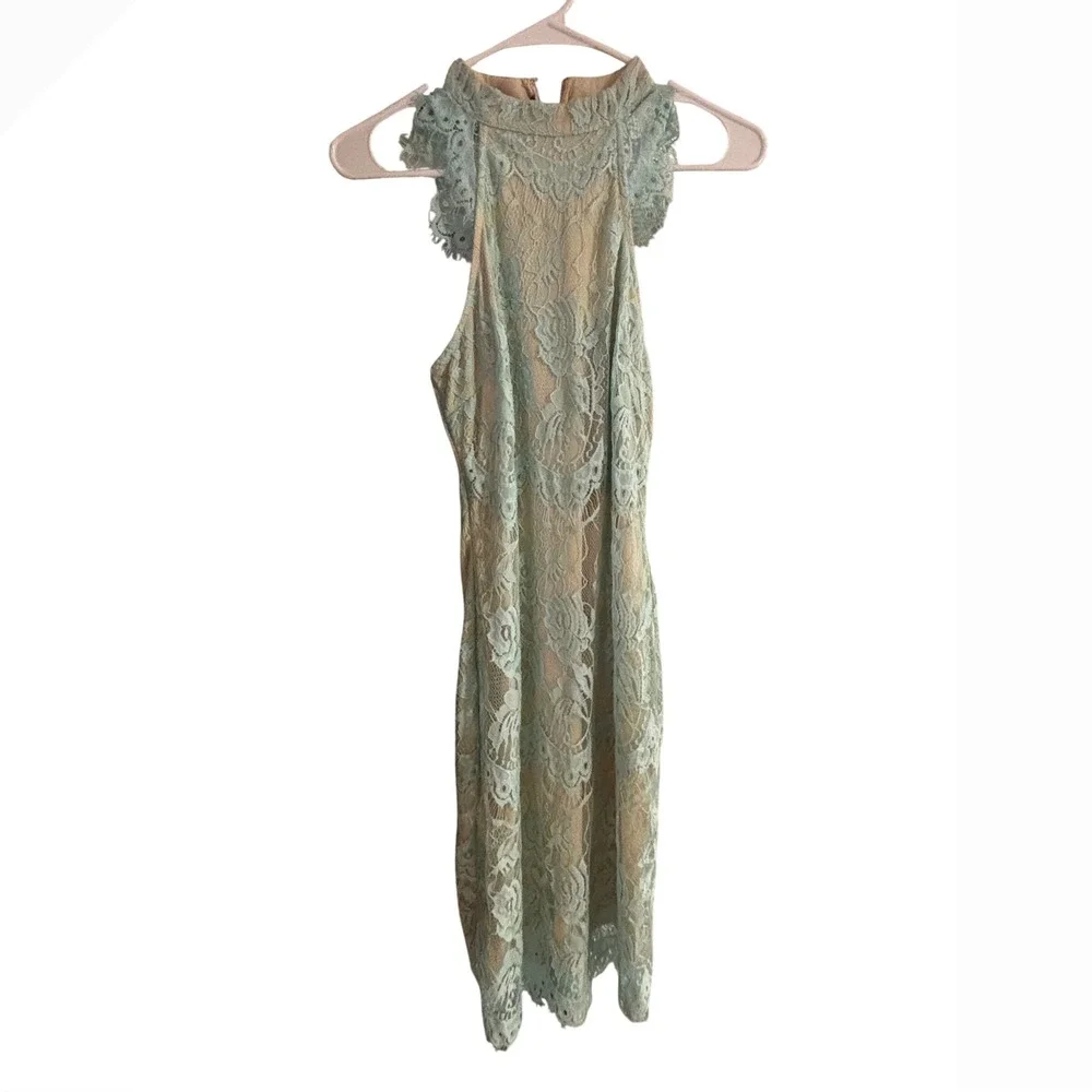 Southern Fried Chics Light Blue Lace‎ Halter Midi Dress Eyelash Trim Size Medium